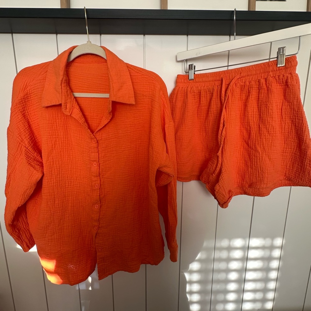 Orange Women's Button-Up Shirt and Shorts Set